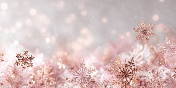 white Christmas background with pastel pink snowflakes and rose gold sequins, dreamy soft lights, romantic festive ambiance