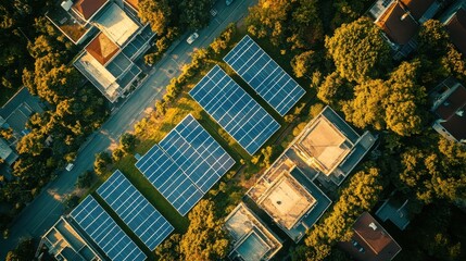 Renewable energy installations in a sustainable city, aerial shot, showcasing urban planning