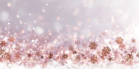 white Christmas background with pastel pink snowflakes and rose gold sequins, dreamy soft lights, romantic festive ambiance