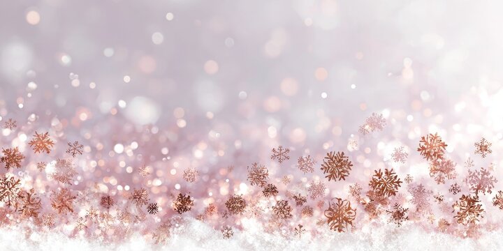 white Christmas background with pastel pink snowflakes and rose gold sequins, dreamy soft lights, romantic festive ambiance