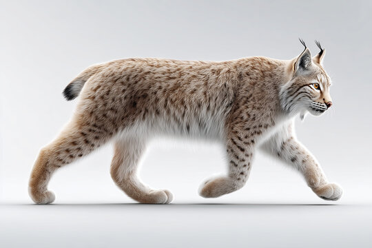 Majestic lynx wildcat walking forward in profile side view. Powerful predator animal isolated on clean white background with copy space for text