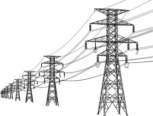 High voltage transmission towers, electric power lines stretching into distance, energy distribution network design, flat vector illustration