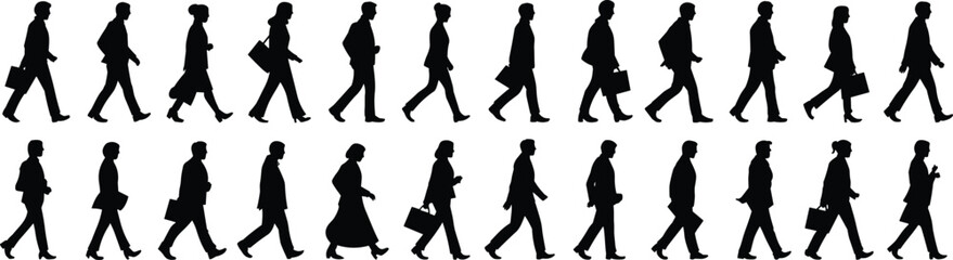 Silhouette of people walking in row, urban crowd motion vector, business professionals, man woman walking pose, isolated black figures