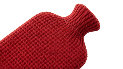Red hot water bottle with knit cover on the transparent background  cozy warmth, pain relief, relaxation, winter comfort, soft texture