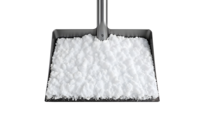 Metal snow shovel filled with fresh powdered snow isolated on the transparent background for winter cleanup and cold weather concept