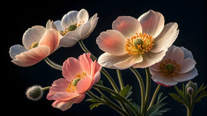 Fototapeta premium Blossoming Anemones: Delicate anemone blooms with soft, translucent petals, radiant against a deep, evocative backdrop. A visual poem celebrating spring's gentle beauty.