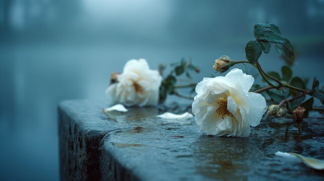 white roses lying on wet stone surface beside a misty pond, soft fog in the background