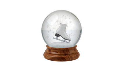 Ice skate snow globe with wooden base isolated on the transparent background featuring snowflakes and winter decoration