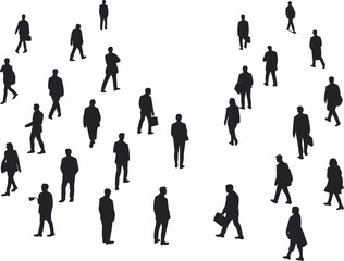 Silhouette business people walking, urban crowd on white background, isolated vector illustration, corporate workers, office professionals, abstract workplace design