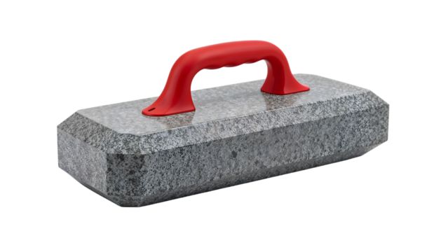 Granite masonry tool with red handle isolated on the transparent background, construction equipment for smoothing surfaces and professional finishing