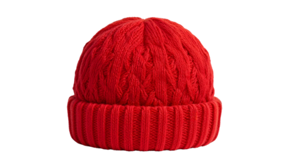 Bright red knitted beanie hat with folded cuff isolated on the transparent background for winter fashion and cozy accessories trends