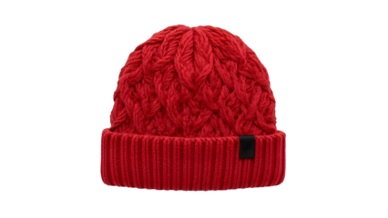 Red knitted beanie with chunky cable pattern and folded cuff isolated on the transparent background