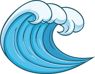 A cartoon illustration of a large, stylized ocean wave with white foam cresting.
