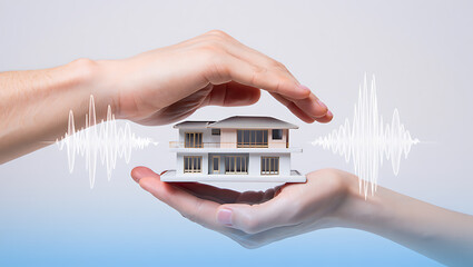 Hands protecting modern house model with sound waves image