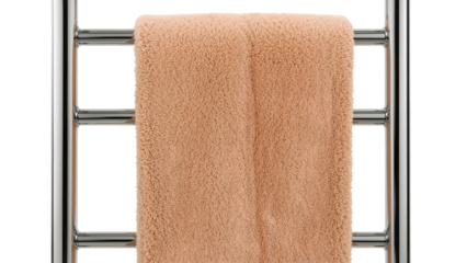 Soft peach towel hanging on chrome heated towel rail in modern minimalist bathroom interior, fresh and cozy home decor accent