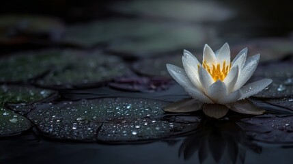 white water lily blooming on dark reflective pond, surrounded by lotus leaves covered in raindrops, tranquil still water
