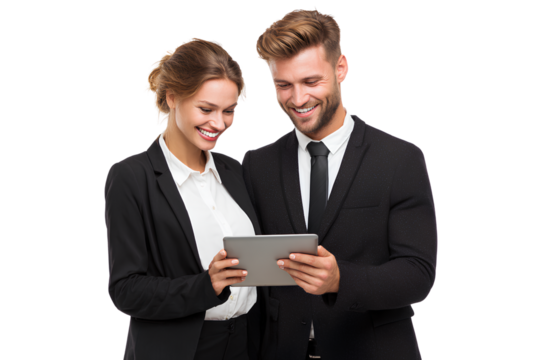 A man and woman in business attire standing together, smiling while looking at an iPad screen, isolated on a transparent background - Powered by Adobe
