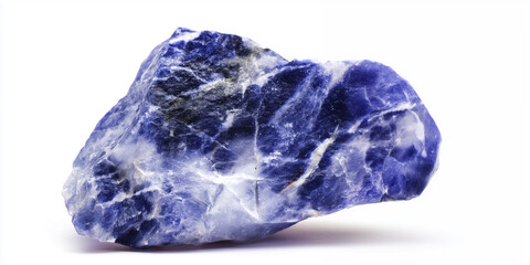 Fototapeta premium Macro close-up of raw sodalite mineral chunk with visible white streaks, isolated on clean background, showcasing geological texture