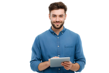 A handsome, smiling man in a blue shirt holding a tablet, isolated on a transparent background