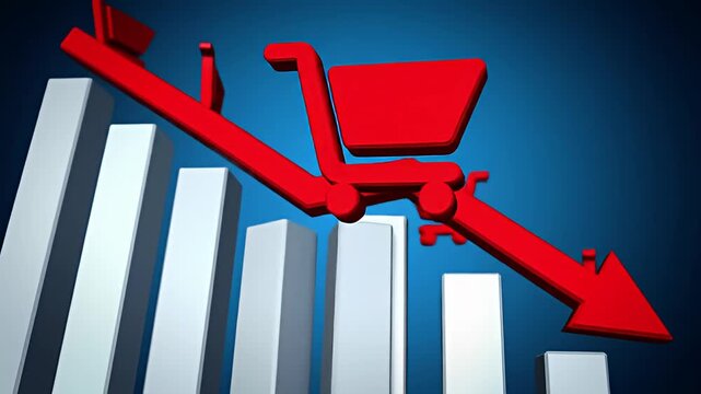 Downward trend chart with red arrow and shopping carts on blue gradient background