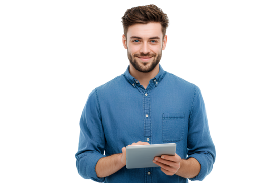 A handsome, smiling man in a blue shirt holding a tablet, isolated on a transparent background
