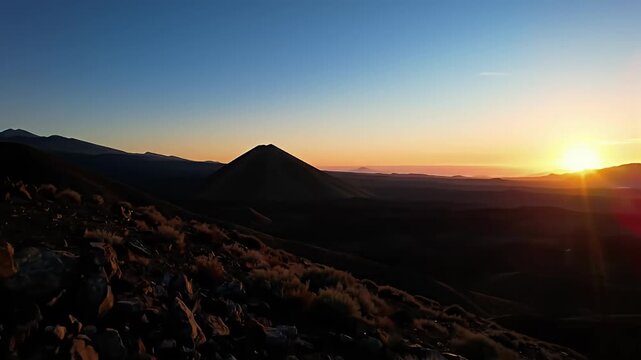 Sunrise over a hilly, dry landscape, casting long shadows. A conical peak stands out