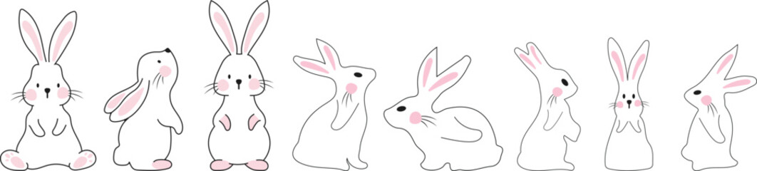 Rabbits Happy Vector bundle featuring cheerful bunny characters in playful poses, perfect for festive and kid-friendly designs.