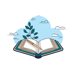 Educational themed open book with plant and sky cloud elements representing growth and learning, vector illustration design