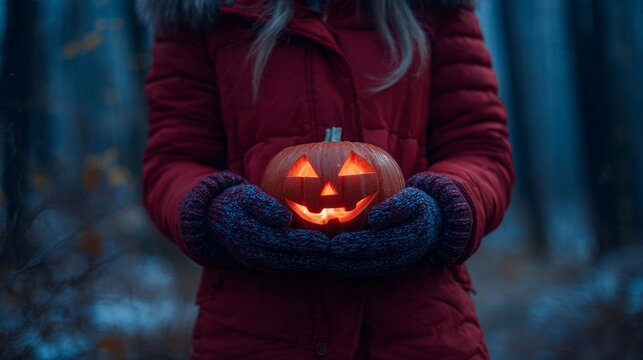 woman in red winter jacket holding a glowing carved halloween pumpkin, spooky jack-o'-lantern with evil smile, dark moody forest background