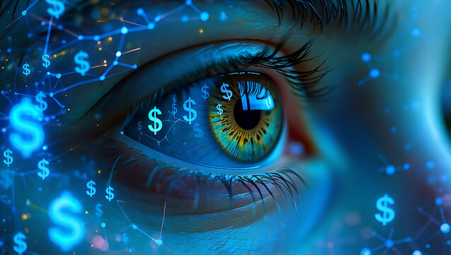 Human eye reflecting digital currency symbols and network connections iris pupil