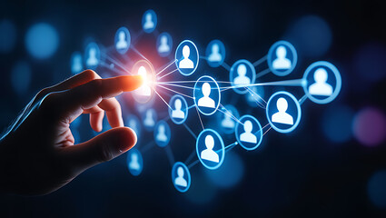 Human finger touching glowing network of people icons image