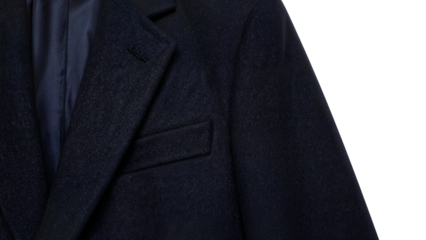 Closeup of classic dark navy wool blazer with notch lapel and pocket on the transparent background