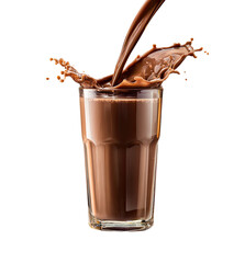 Chocolate drink being poured into a glass, creating a splash