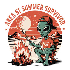 Funny alien roasting marshmallow over campfire with retro Area 51 summer survivor theme, vector illustration design © DesignIMT