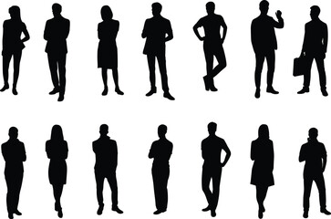 Business people silhouette vector, professional standing pose, men and women team, corporate posture illustration, black figure style, office graphic