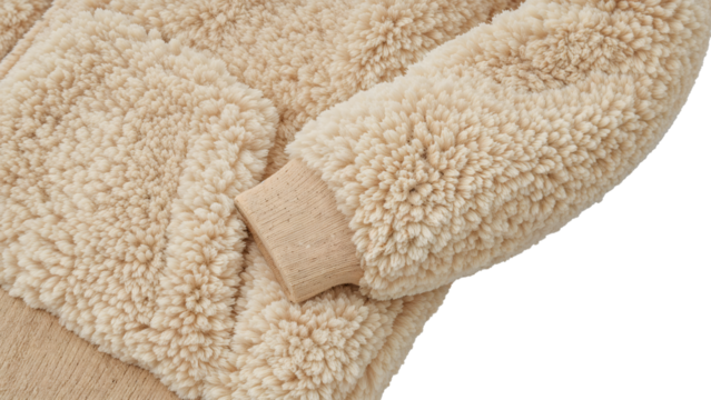 Closeup of beige sherpa fleece jacket sleeve with ribbed cuff on the transparent background for cozy winter fashion concepts