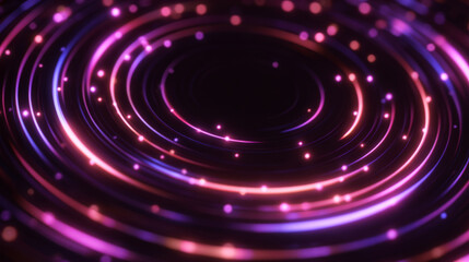 Vibrant neon rings and vertical light trails forming abstract digital portals in a dark sci-fi environment