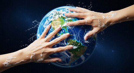 Global Handwashing Day Concept – Hands Washing the Earth Globe with Soap for Global Hygiene Awareness