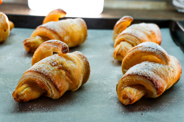Apricot jam and puff pastry croissant. Dessert. Pastry