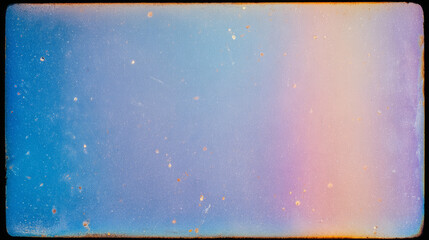 slightly faded holographic gradient with streaks of dust, fine scratches, and worn frame edges