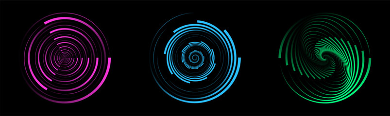 Abstract spiral shape set with glowing circular lines in vibrant pink, blue, and green tones on black background, perfect for digital art, motion graphics, or technology themed design elements
