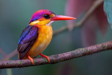 Fototapeta premium Colorful Oriental Dwarf Kingfisher Perched on Branch in Lush Green Forest