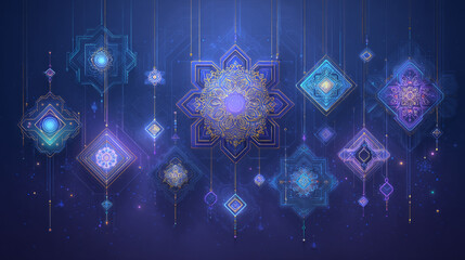 Islamic lanterns, glowing mandalas, and floating geometric patterns with spiritual and festive symbolism.