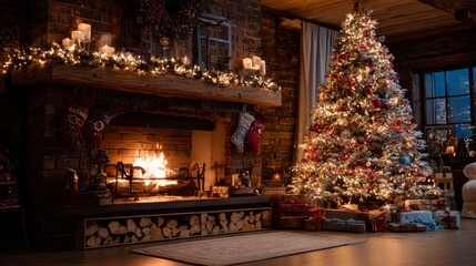 Fototapeta premium Cozy Fireplace with Decorated Christmas Tree and Presents in Living Room