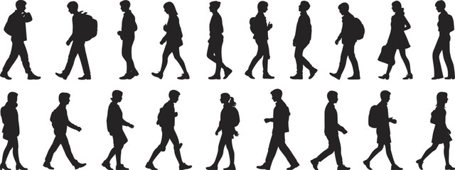 Silhouettes of people walking, urban pedestrian concept, side view characters, men and women walking, isolated figures, vector illustration set
