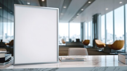 Fototapeta premium Blank Frame on Marble Counter in Bright Modern Office Space Mockup