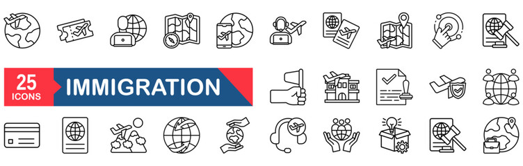 Immigration icon set. Contains such icons as visa, passport, migrant, customs officer, international flights, country, border crossing, airport, illegals, baggage examination, immigration and more