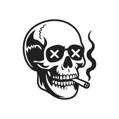 Black and white skull illustration with cigarette and X eyes in edgy streetwear tattoo style, vector illustration design