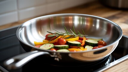 Stainless Steel Pan: Sautéed Vegetables, Rosemary, Warm Mood