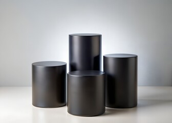 Illustration of four black cylinder podiums isolated on white background for display